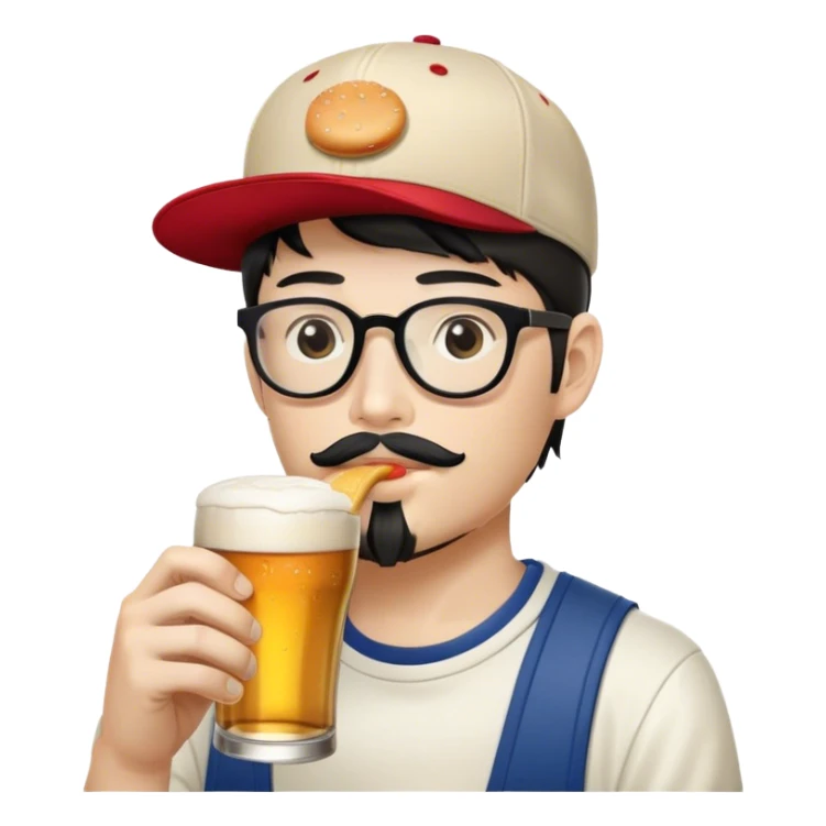 half japanese white hipster wearing a flat bill baseball cap sipping on a pint of beer holding a hamburger in the other hand sticker