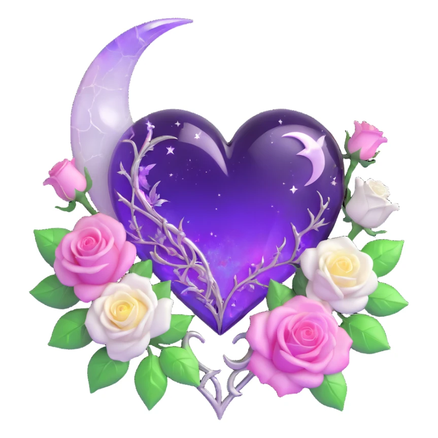 gothic heart made of translucent violet glass, silver crescent moon, white roses, holographic stardust, neon pink lightning, wet and cracked glass sticker