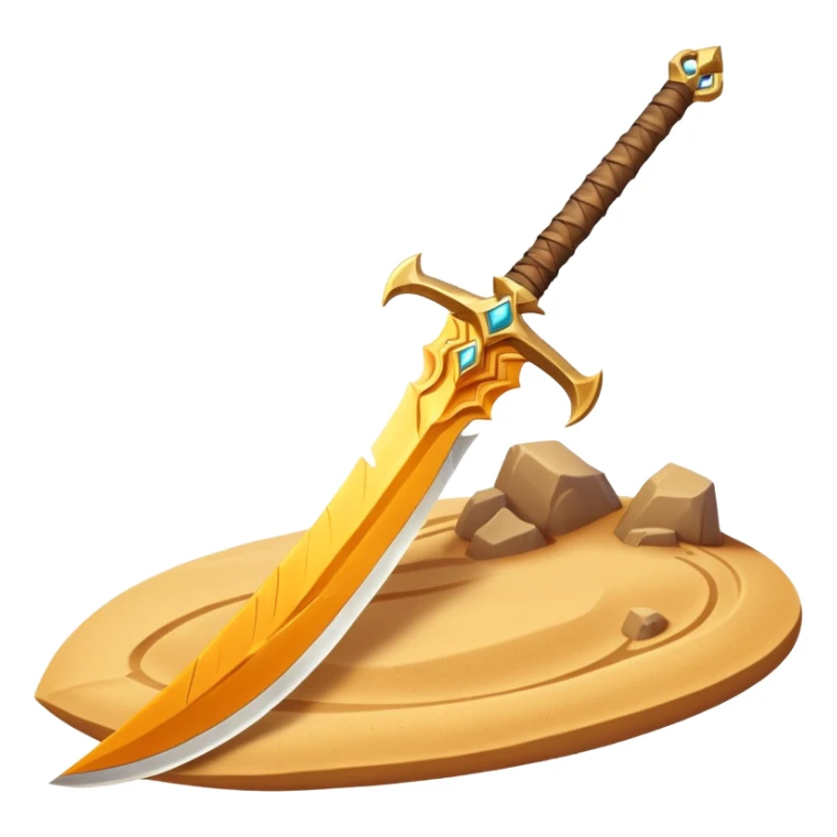 desert sand sword object icon, curved scimitar blade, sand-carved patterns, glowing amber runes, sandy aura around edge, fantasy desert weapon, 3D cartoon, mobile game icon style, centered, clean background, no text, no watermark
 sticker