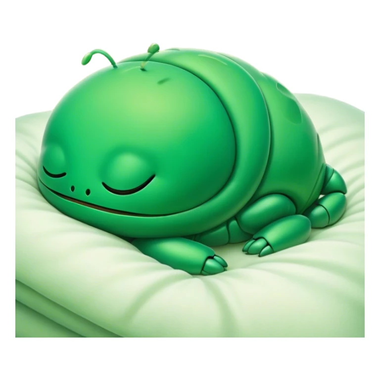 Meme-Worthy Cute Sleeping Green Bugdie Portrait Emoji, Head resting peacefully with a contented smile, showcasing a tiny, endearing build and a luxuriously smooth emerald exoskeleton, eyes shut in a serene nap, Simplified yet hilariously adorable features, highly detailed, glowing with a soft, drowsy light, high shine, relaxed and utterly lovable, stylized with an air of playful laziness, bright and heartwarming, soft glowing outline, capturing the essence of a comically sleepy insect, so meme-worthy it feels like it could instantly become the next viral sensation of adorable slumber! sticker