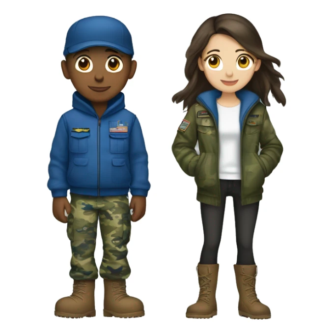 A boy wearing military uniform blue camouflage with his girlfriend that is brunette and wears a hoodie and uggs sticker