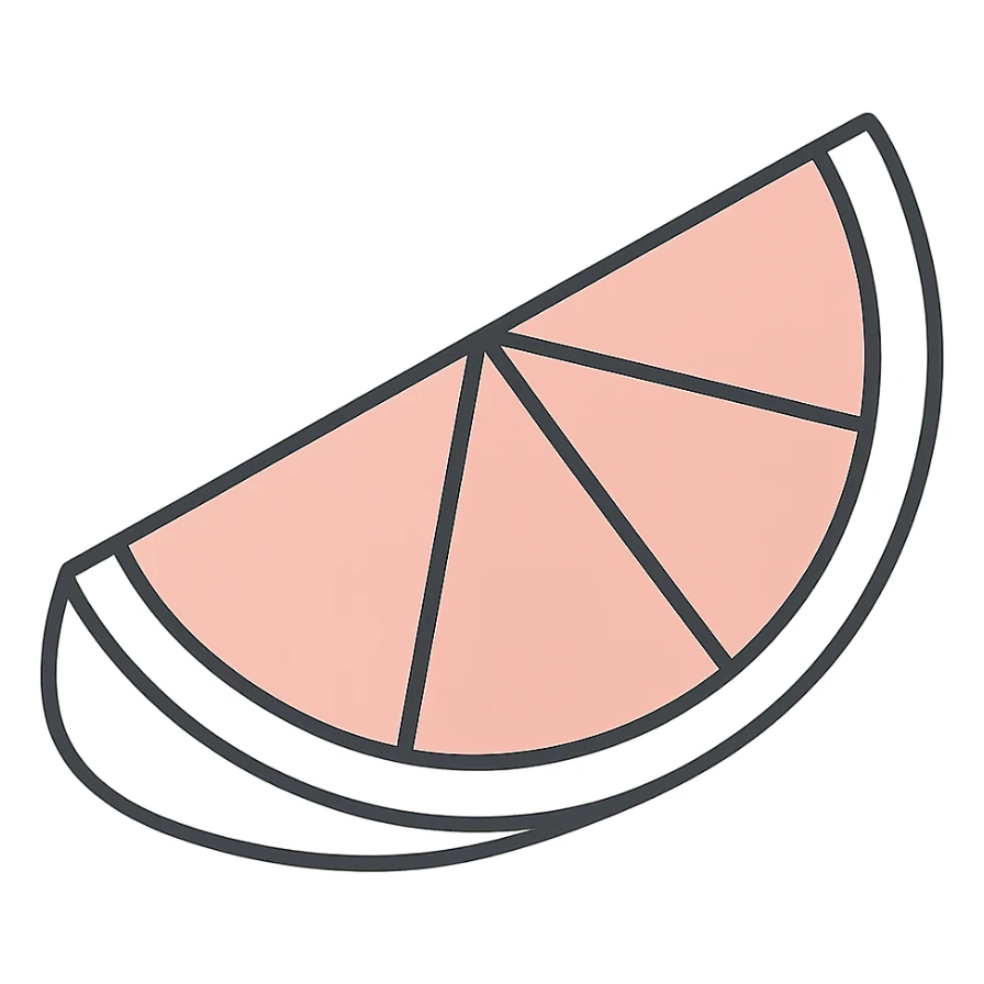 Flat icon of a pink grapefruit wedge, using a vibrant palette of orange, white, and pink, minimal and clean design, no background. sticker