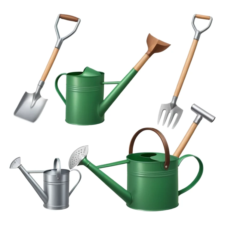 gardening tools collection with shovel rake watering can sticker
