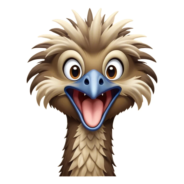 Cinematic Cute Yawning Emu Portrait Emoji, Head tilted slightly with a dramatic, wide-open yawn, showcasing a soft, downy brown plumage with gently drooping feathers and eyes barely open in drowsy contentment, Simplified yet irresistibly adorable features, highly detailed, glowing with a soft, cozy glow, high shine, relaxed yet expressive, stylized with a touch of outback charm, bright and endearing, soft glowing outline, capturing the essence of a sleepy yet affectionate emu, so drowsy it feels like it could stretch out of the screen and curl up for a nap! sticker