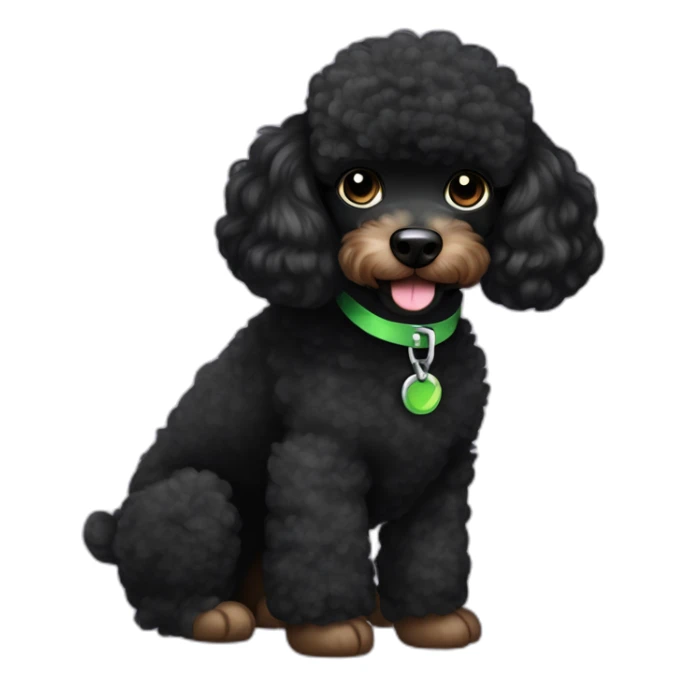 A single Energetic dark black mini poodle with short hair and green collar sticker