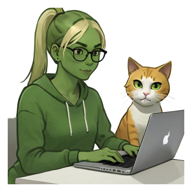 Blonde girl ponytail macBook and a cat sticker