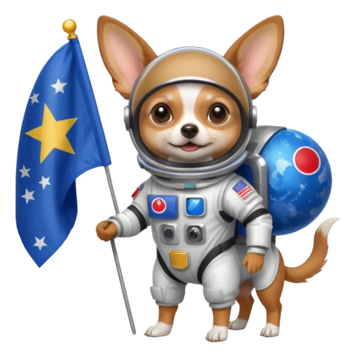 a chihuahua dog in space suit, holding blue rectangle flag, full body, front view sticker