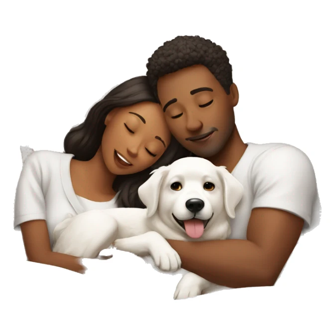 A couple laying in bed with 2 white dogs  sticker