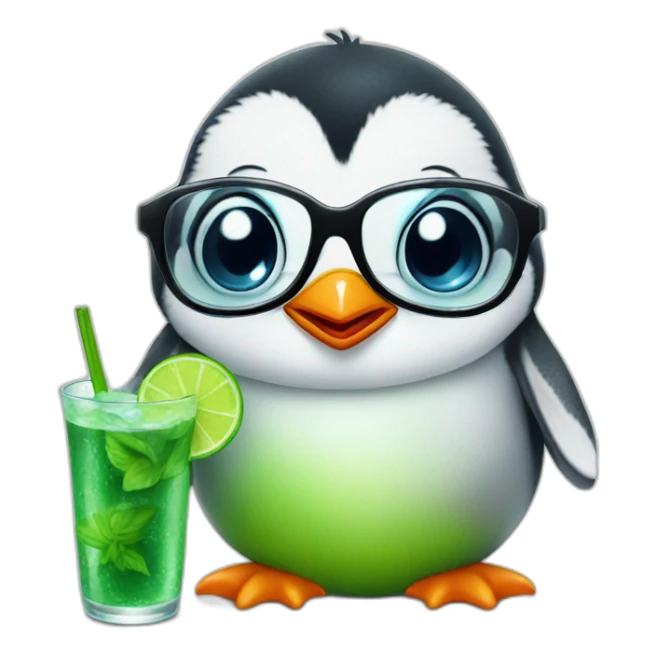 baby penguin with big glasses drinking mojito sticker