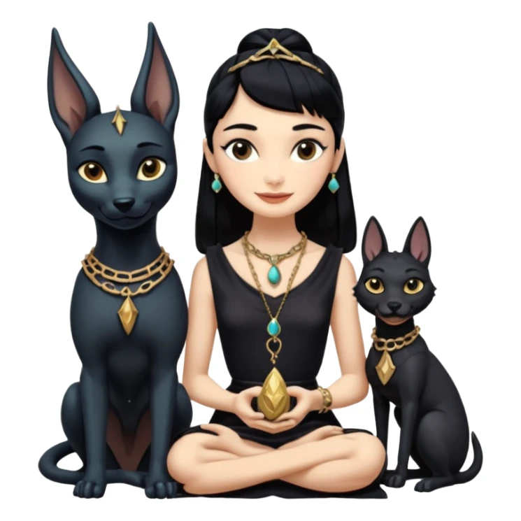 Smiling Witchy-mannered real Audrey Hepburn cleopatra Protecting silky black-haired tiny chained-slave-adorned statuette scale smoky-evil-eyed Anubis dessert scenery stone-age cracked irregular dwelling  sticker
