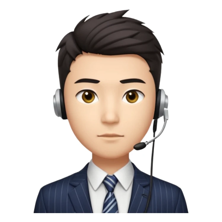 A young Asian man with light skin, short dark hair styled upward with a sharp spiked swoop in front, slightly narrowed almond-shaped eyes with a confident, knowing squint, a clean-shaven face, and a sleek single-ear headset, wearing a dark pinstripe suit with a patterned shirt tie sticker