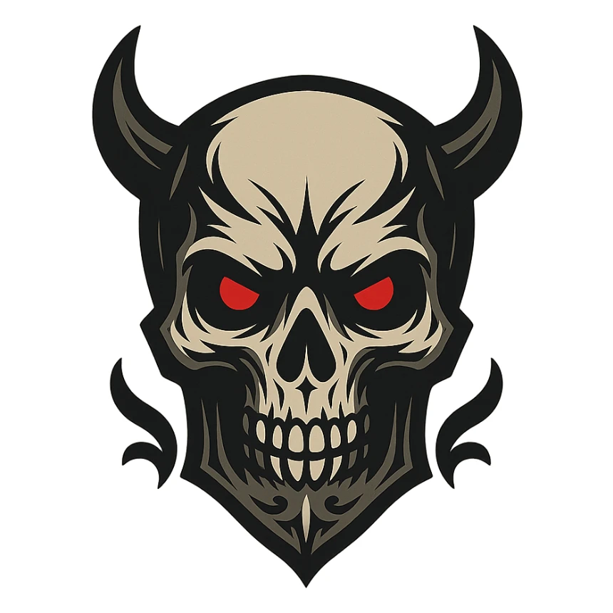 devilish skull logo, red eyes, gothic details, dark color palette, minimal style sticker