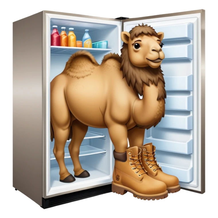 A stainless steel refrigerator with a camel head emerging from the freezer door and camel legs with tan Timberland work boots at the bottom sticker