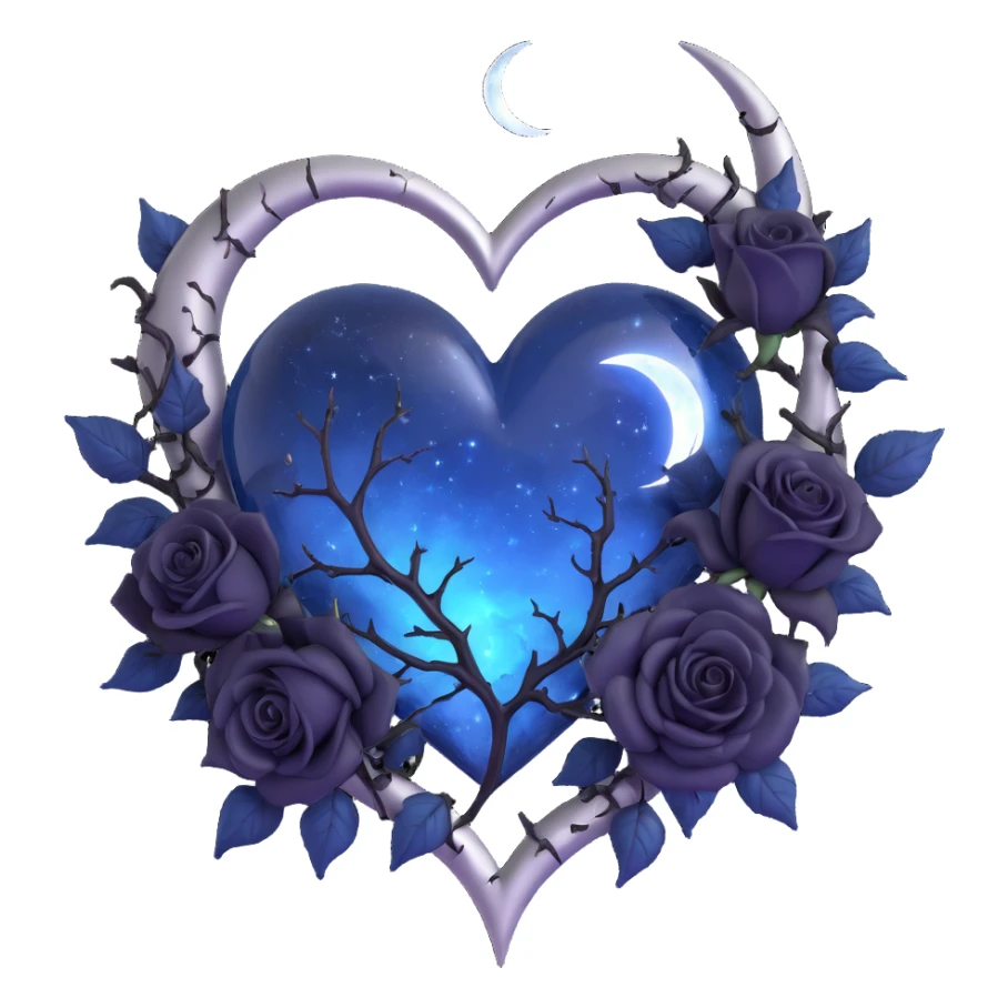 gothic heart, midnight blue glass, silver crescent moon, black roses, stardust, lightning, rain, cracked glass, fantasy dark style sticker