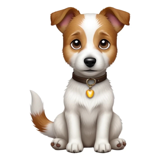 cinematic-[jack russel]-realistic-full-body-sitting-emoji,-tail-resting-loosely-beside-its-paws,-head-tilted-dramatically, -scruffy-[brown and white]-fur,-simplified-yet-realistic-focused-features,-highly-detailed,-glowing-with-an-almost-sarcastic-glow sticker