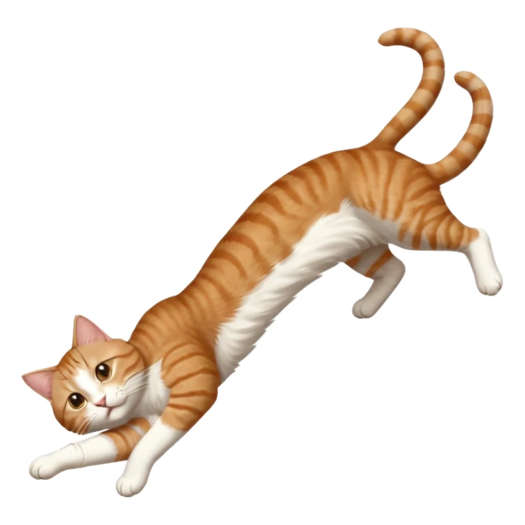 brown tabby and white cat with doing a big extremely long stretch reaching up into the air with arms and legs side by side together straight and overextended whilst lying on its side sticker
