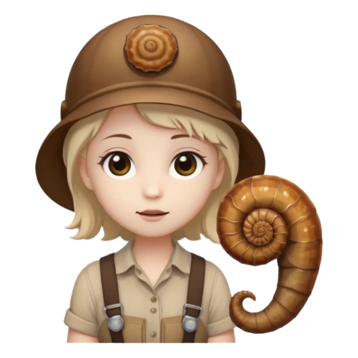 Shelly has a small, chibi-style body with a large ammonite-shaped head that looks like a beige fossil shell. One side of her head has a dark opening, making it clear she isn’t human. Her face is simple and soft, with big round eyes. She wears a brown suspender outfit over a lighter shirt sticker