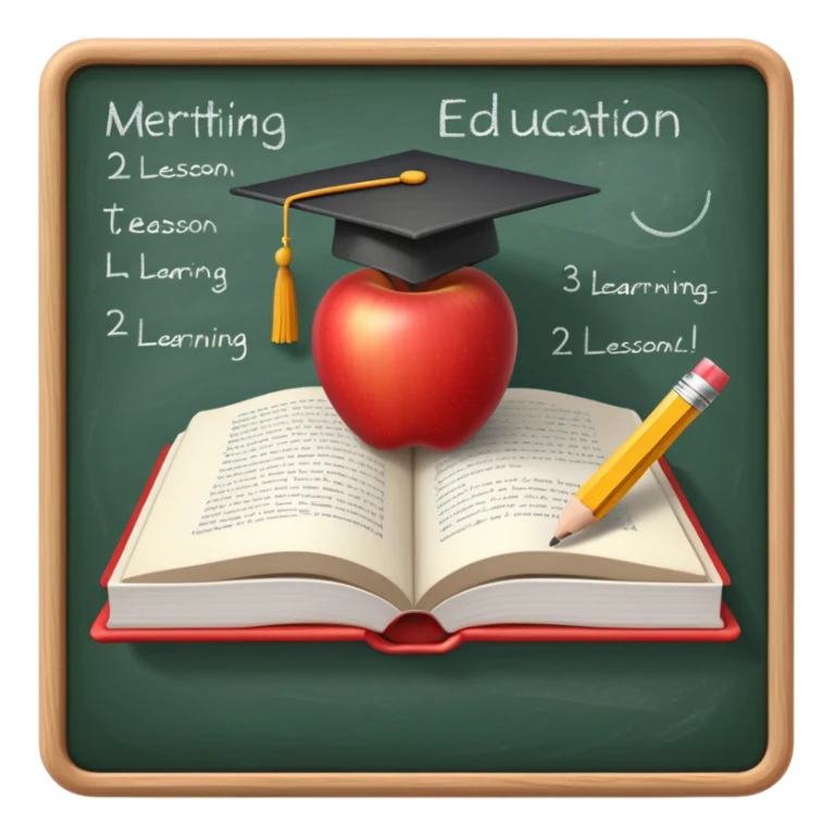 An icon featuring an open book, a pencil, and an apple, symbolizing education and pedagogy. The design includes a chalkboard with a lesson plan and a graduation cap, representing teaching and learning. Transparent background highlights the nurturing of knowledge and growth. sticker