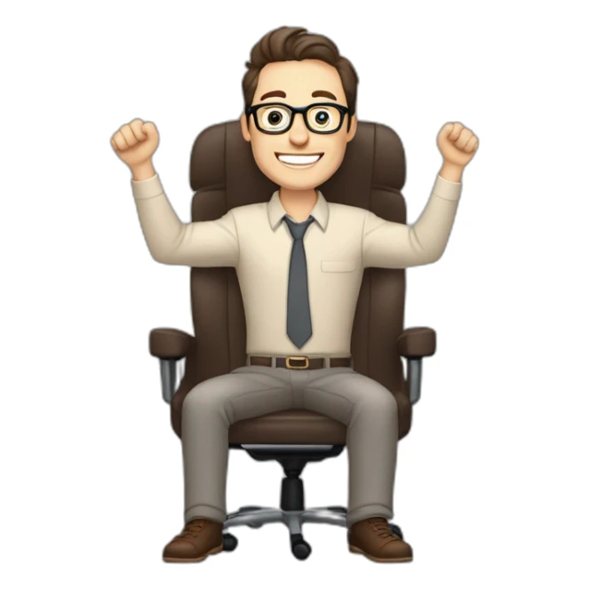 Joyful Celebrating victory Hands up Pale skinned Fit Man With dark brown hair in gray jacket, beige office shirt, Brown pants and vintage glasses sitting In a soft chair sticker