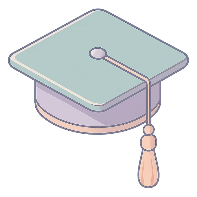academic graduation cap with long tassel, 2D isometric style, clean lines, soft shadows and highlights, minimalist eastern accent, pastel palette #98B5BC, #B5B3C1, #C9A3C9, #E4C0CA, #F7DCD1, #F7C0AA, transparent background sticker