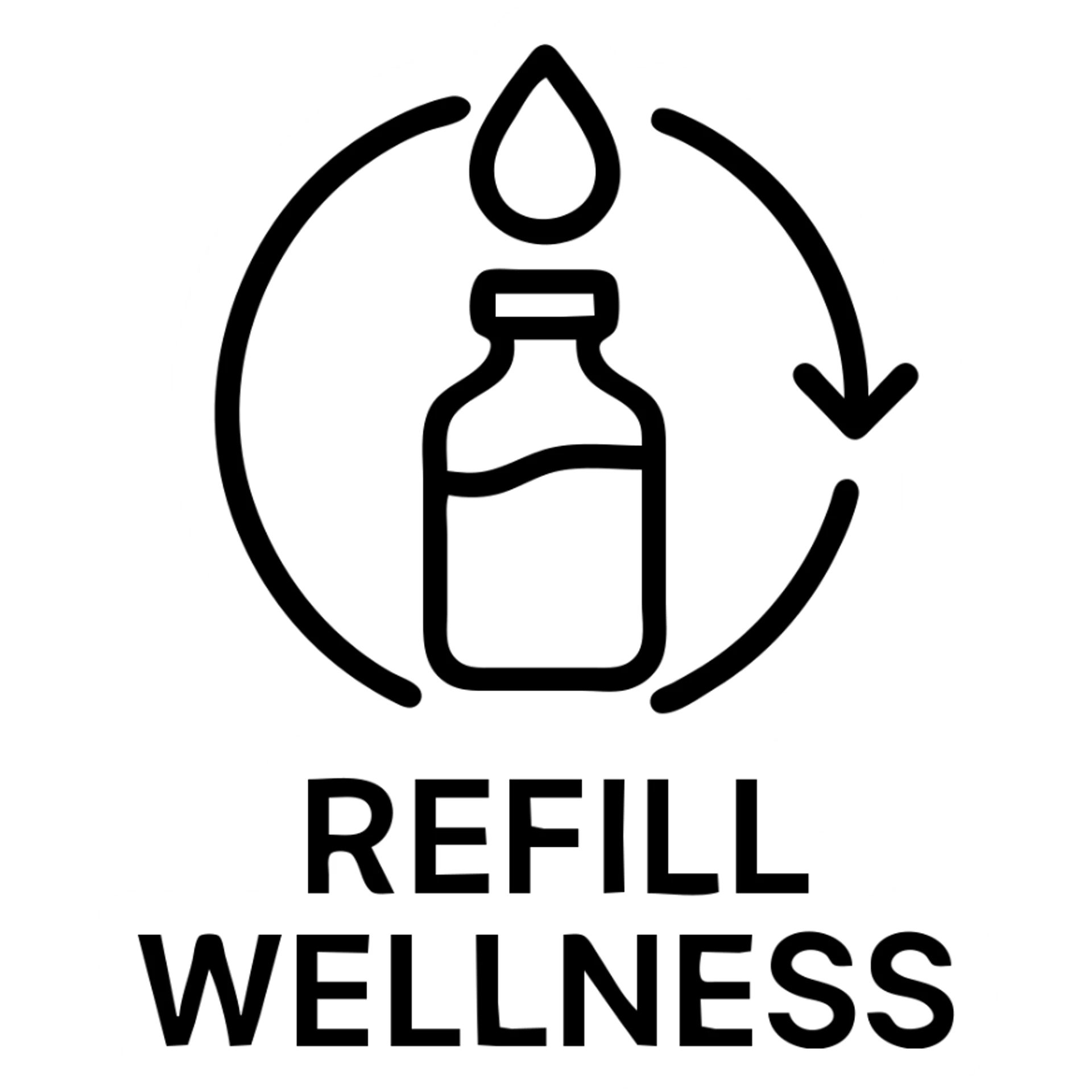 minimal black and white logo for 'Refill Wellness', simple modern design suggesting refill or replenishment of wellness, water droplet refilling, bottle being filled, circular arrow symbolizing renewal, clean lines sticker