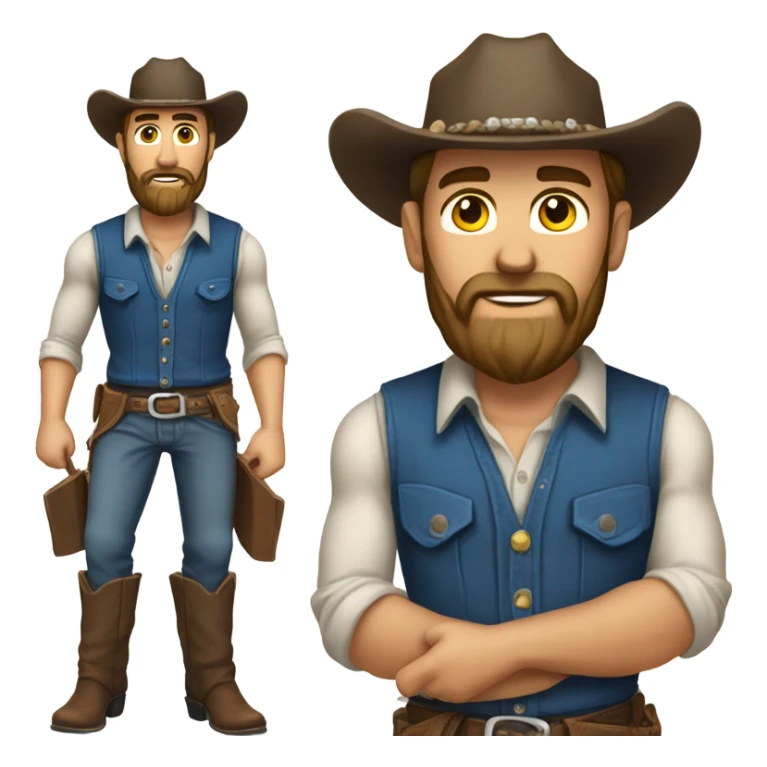 a rugged cowboy with a thick beard, wearing a blue vest over a classic western shirt. He should have a confident stance, showing full torso sticker
