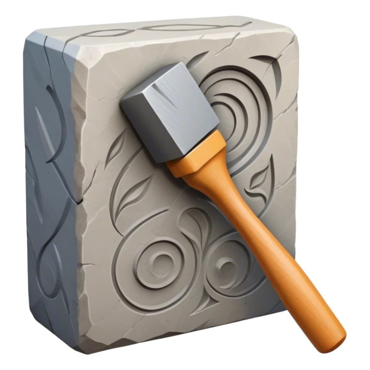 Carving icon, detailed stone snd plastic carving in progress, carving tools like chisels, mallet, visible texture and patterns, minimalistic style, clean lines, transparent background. sticker