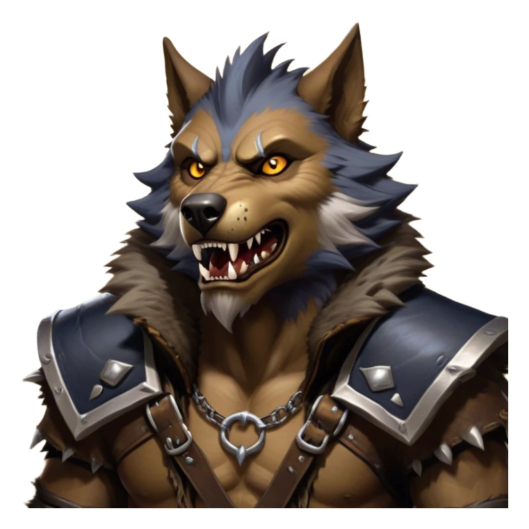 Cinematic Realistic WoW Worgen Portrait, head tilted dramatically with an exaggeratedly amused expression, blending ferocious beastliness with a touch of unexpected humor. His rugged fur, tanned skin, and worn leather garments are rendered with meticulous detail and dynamic lighting, high shine, dramatic yet whimsical, capturing the essence of a worgen whose epic might is tempered by a playful, irreverent charm. sticker
