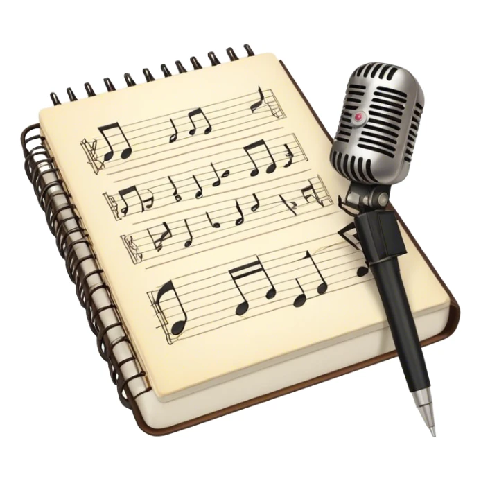 Create an emoji representing songwriting. The design should feature an open notebook or sheet music with visible lyrics between the musical notes, symbolizing the process of writing song lyrics. The text between the notes should be clearly visible. A pen or pencil should be placed near the notebook, indicating active writing. Optionally, include a single vintage microphone lying beside the notebook (not on the music notes) to add a creative touch. Use a harmonious color palette with warm and neutral tones. Do not include any emojis or smiley faces. Make the background transparent. sticker