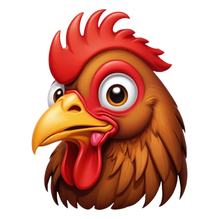 Cinematic Comical Brown Rooster Portrait Emoji, Head tilted dramatically with an exaggeratedly amused expression, featuring a striking, glossy brown plumage with a bold red comb, wide, expressive warm eyes filled with playful disbelief, Simplified yet hilariously expressive features, highly detailed, glowing with a slightly sassy glow, high shine, dramatic yet playful, stylized with an air of cheeky mischief, bright and endearing, soft glowing outline, capturing the essence of a spirited and over-the-top rooster, so meme-worthy it feels like it could crow its way into internet fame instantly! sticker