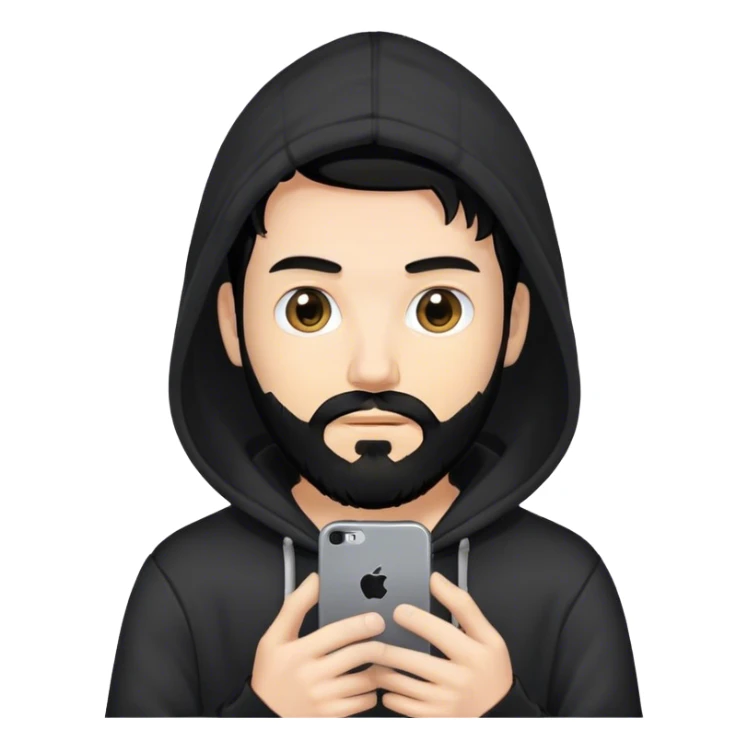 hackeur blanc cheveux noir barbe et capuche noir avec un iphone sticker