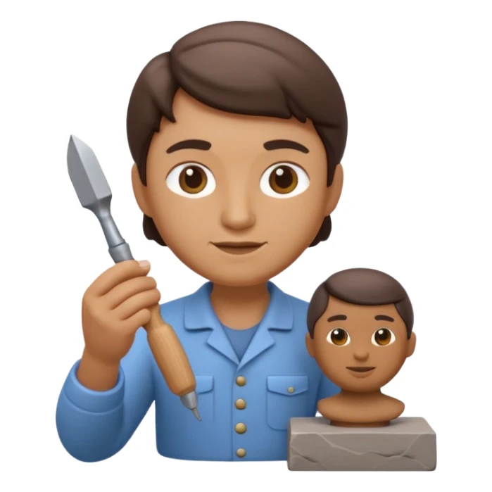 Apple Memoji-style 3D emoji of a sculptor with a small statue and chisel, smooth gradients, rounded edges, no background.during sculpting sticker