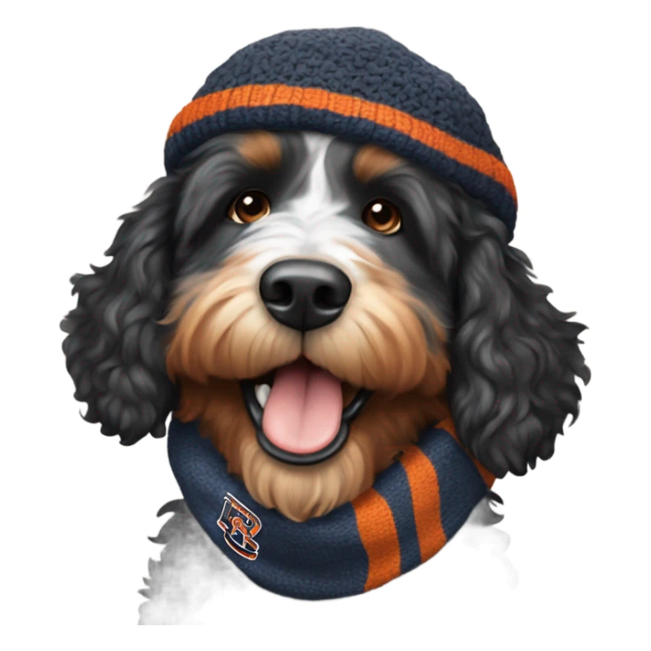 Bernedoodle with chicago bears hat and scarf sticker
