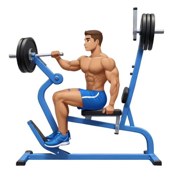 side-view bodybuilder in blue shorts seated weighted calf-raise machine on his tip toes sticker