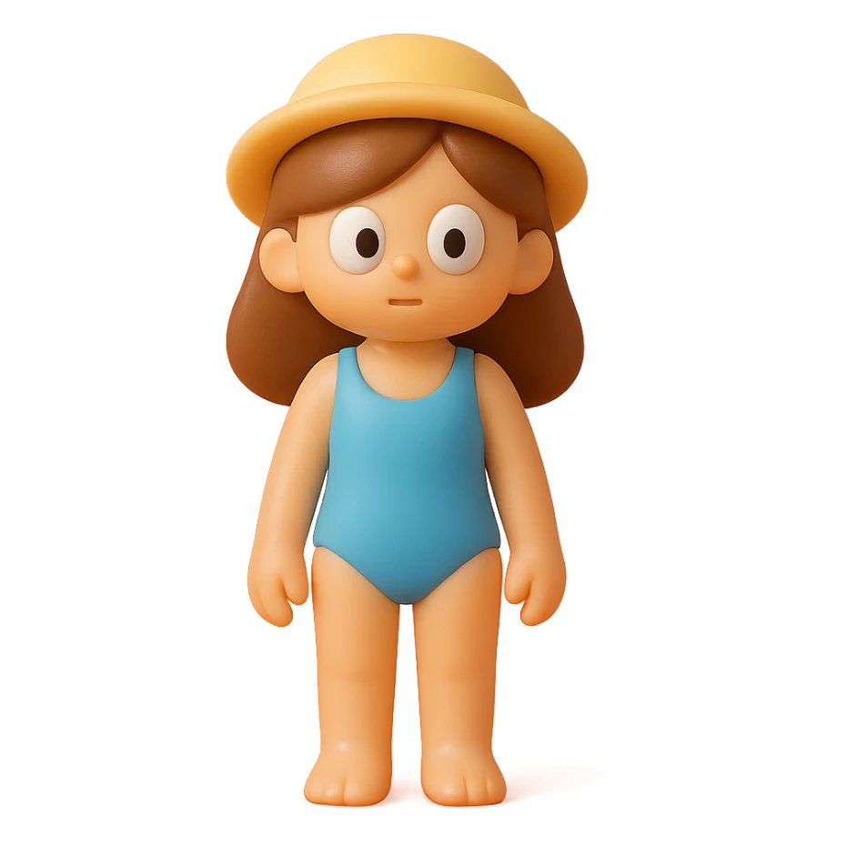 Create a fully appropriate, full-body beach girl in a simple blue one-piece swimsuit, standing in a neutral pose. Make her much smaller in the frame so her entire body, including head and feet, is fully visible with no cropping at the top or bottom. Use the retro 90's toy style: very transparent, slightly see-through, natural tan skin, brown hair, derpy eyes (large white eyeballs with small black pupils looking in different directions), soft plastic texture, soft reflections, soft and squishy, some cloudiness, not shiny, highly detailed, appealing, no tag, no background. No suggestive details. sticker