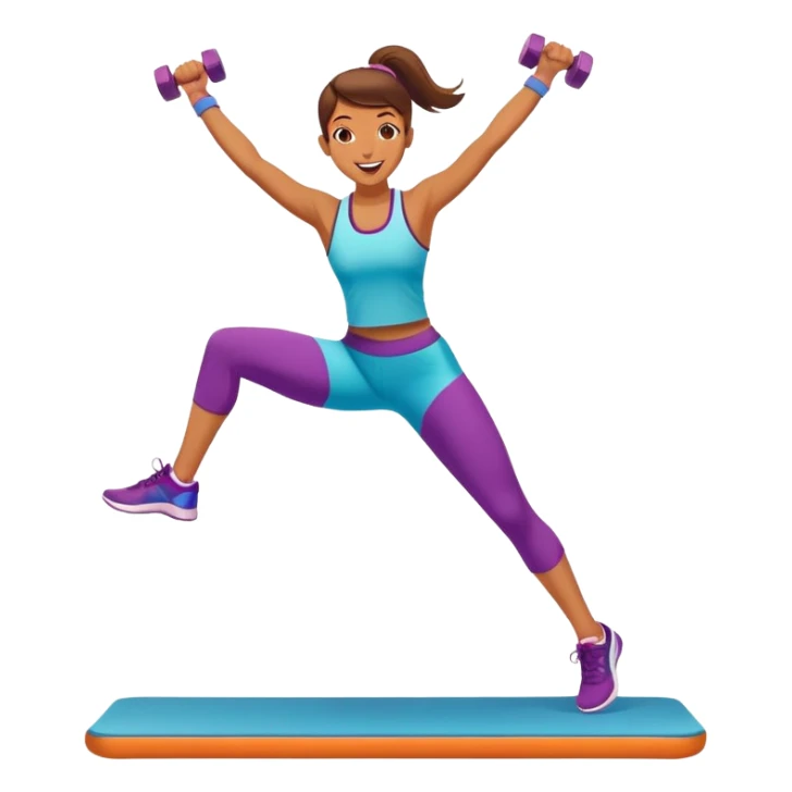 An energetic person performing an aerobics workout in a brightly lit gym, jumping and stretching with enthusiasm. The scene includes vibrant fitness equipment like dumbbells and exercise mats, with a background of cheerful, motivating colors, conveying energy and movement. sticker