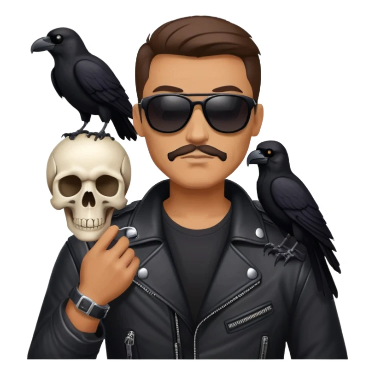 Biker wearing sunglasses holding a skull and a raven sticker
