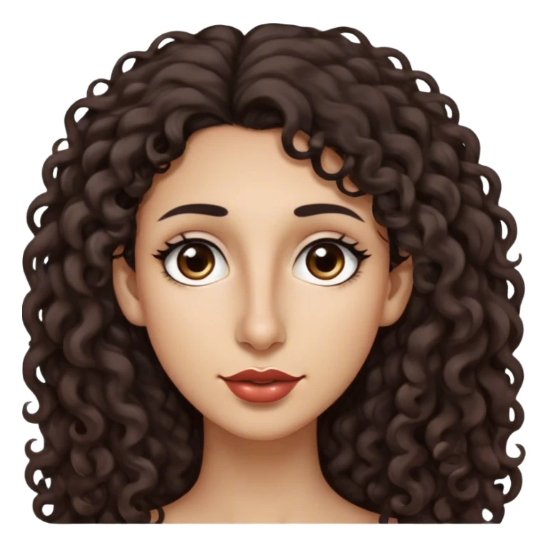 Long dark brown curly hair, long nose, long chin, long face, extra small dark brown eyes, dark far eyebrows, light medium skin tone, small lips sticker