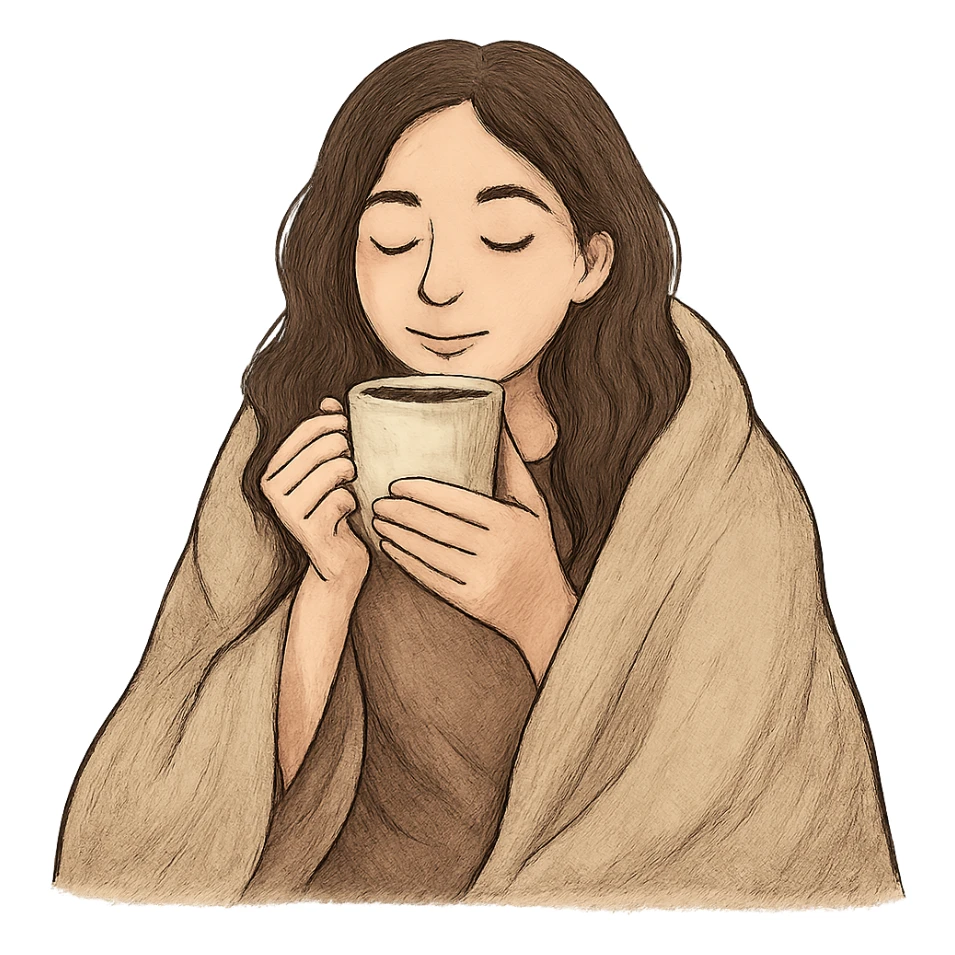 relaxed brunette girl under a blanket drinking coffee with eyes closed, cozy and calm sticker