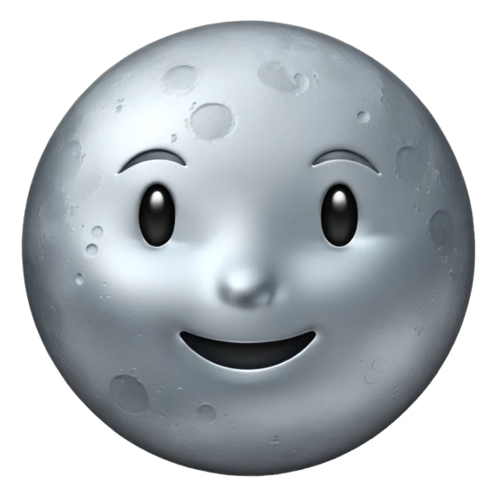 Polished silver moon emoji, chrome metallic texture, iOS emoji style, soft glow, smooth reflections, minimalistic design sticker