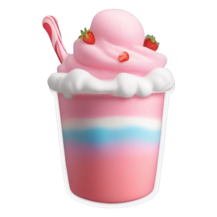 a strawberry milkshake topped with whipped cream, a candy marshmallow, a gummy candy heart, and cotton candy sticker