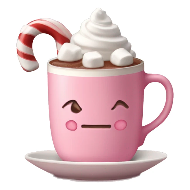 Hot chocolate in a pink mug with a candy cane and marshmallows and whipped cream  sticker