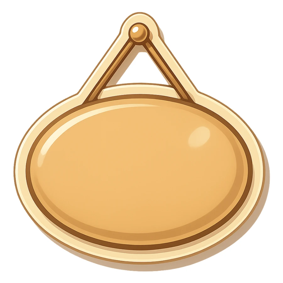 door sign, oval shape, beige color, with shadows and highlights, retro sticker style, hanging on a hinge, transparent background sticker