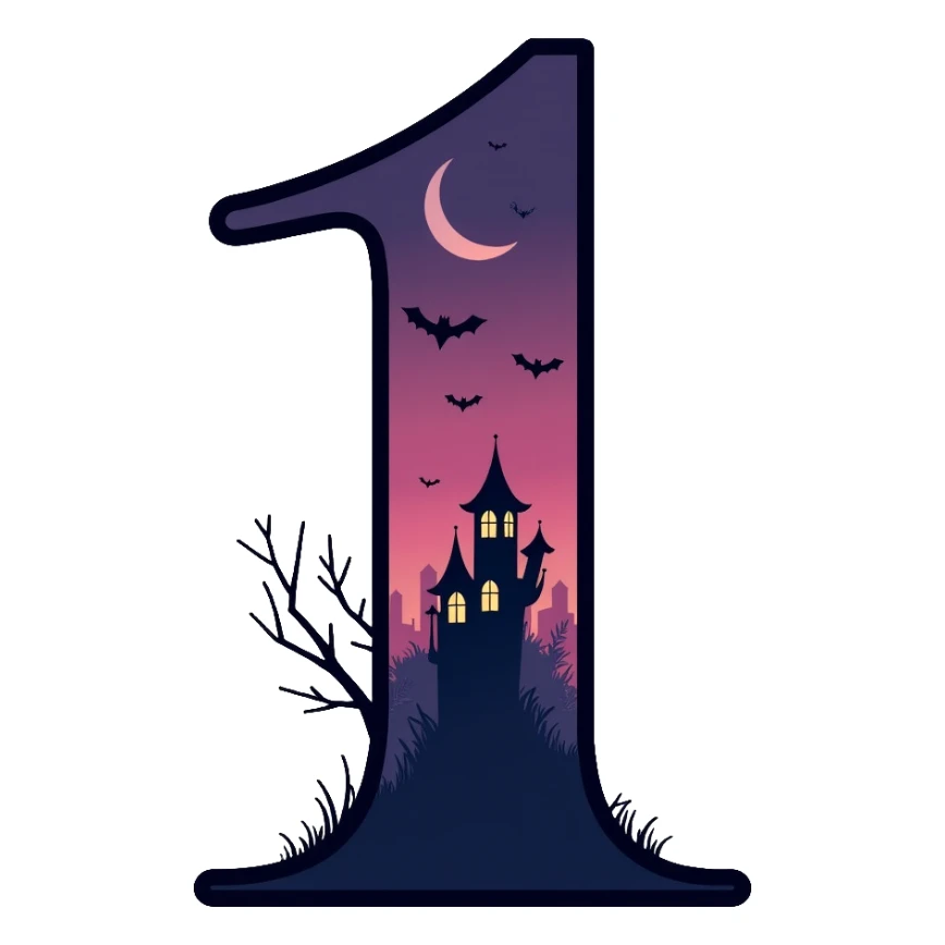 Number 1 in serif italic font with misty, haunting twilight colors sticker