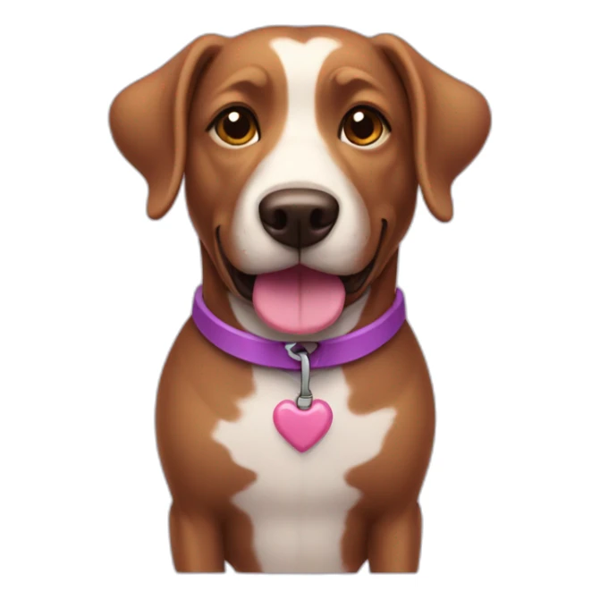 a purple dog with a brown nose and a pink collar with a bone happy  sticker