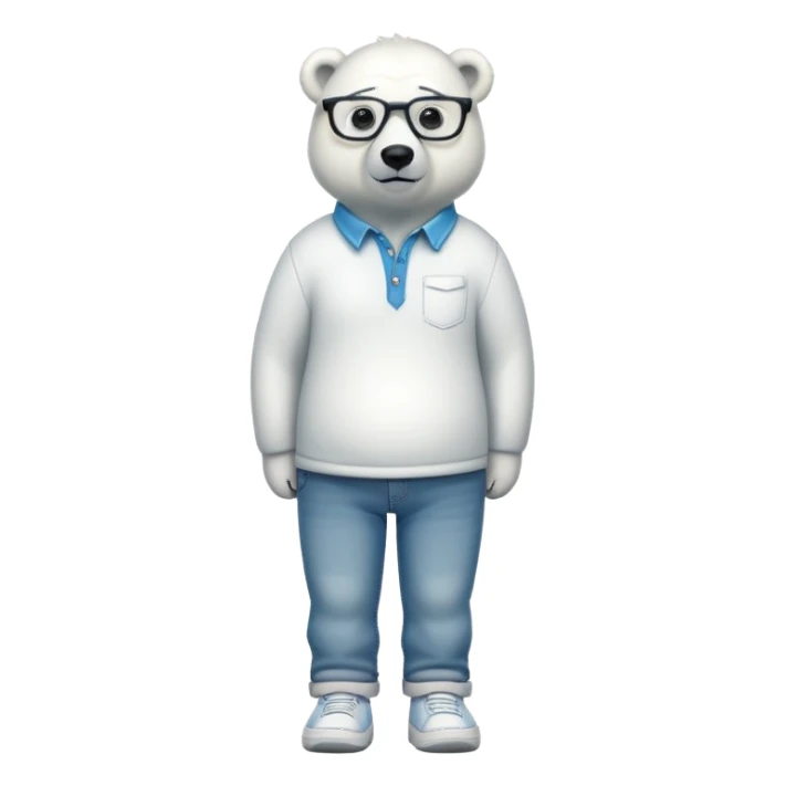 friendly anthropomorphised polar bear standing upright, looking relaxed, wearing a shirt, jeans, trainers, extravagant glasses sticker