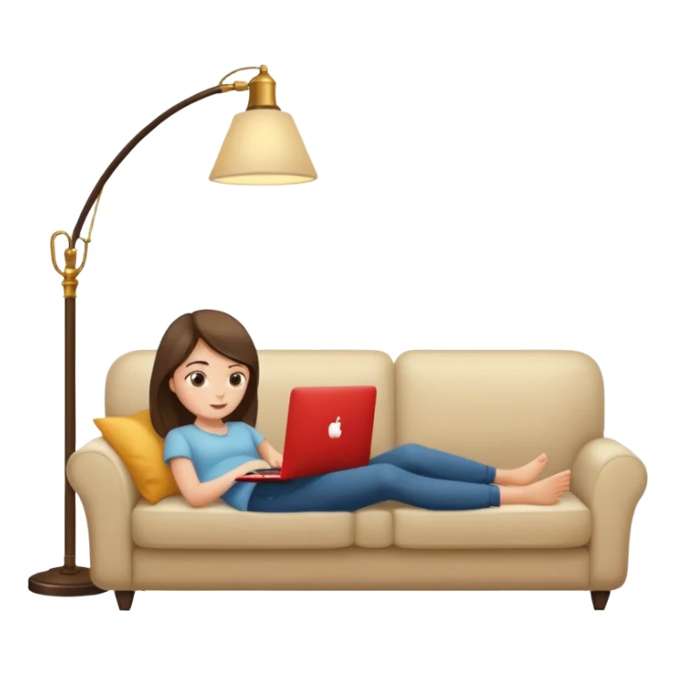 A girl is working with a laptop while lying on a sofa, with a floor lamp to the right. sticker