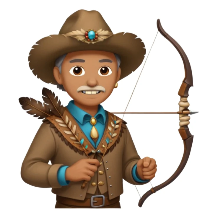 The classic image of a middle-aged uncle hunter carrying a bow, dressed in brown clothes, with some ornaments made of feathers, bones or teeth on his body. sticker