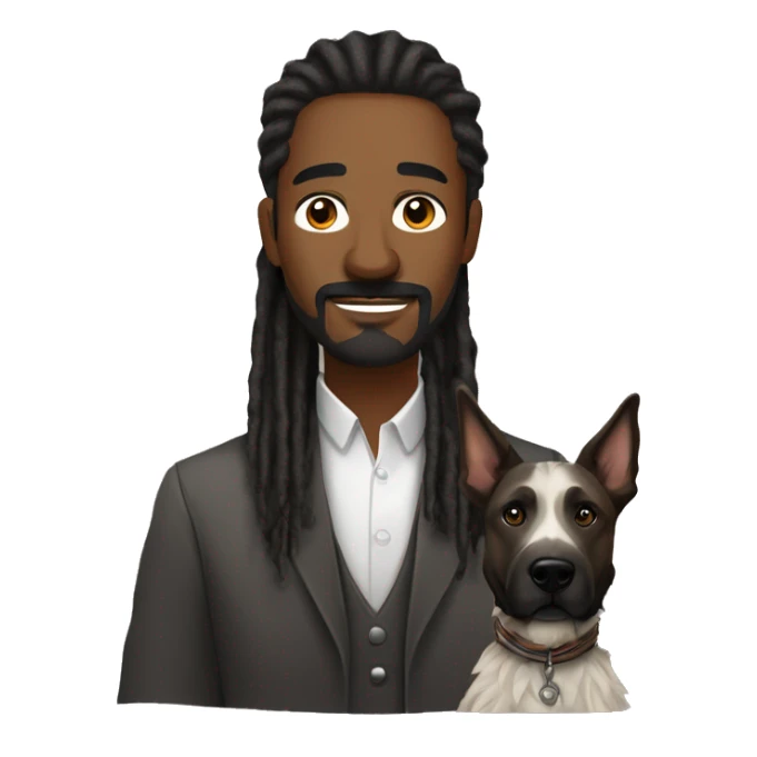 man with dreadlocks, mustache and goatee alongside a brindle colored dutch shepherd dog sticker