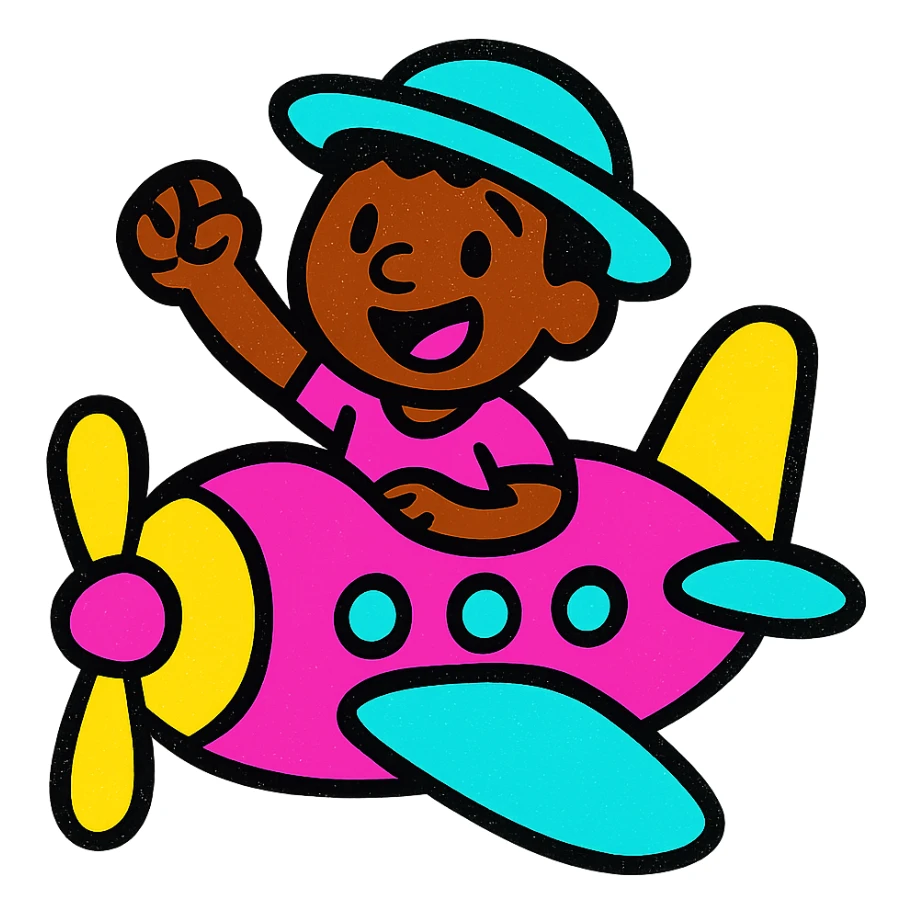 brown male wearing a hat sitting on an aircraft, vibrant and clear, suitable for an emoji or icon sticker